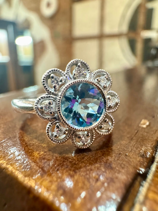 Blue Topaz and Diamond Flower Ring - 14K White Gold