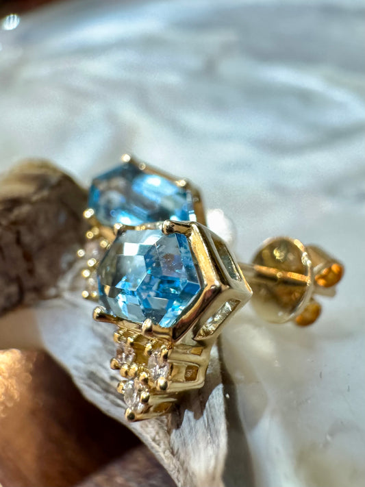 Hexagon Blue Topaz and Diamond Studs - 14K Yellow Gold