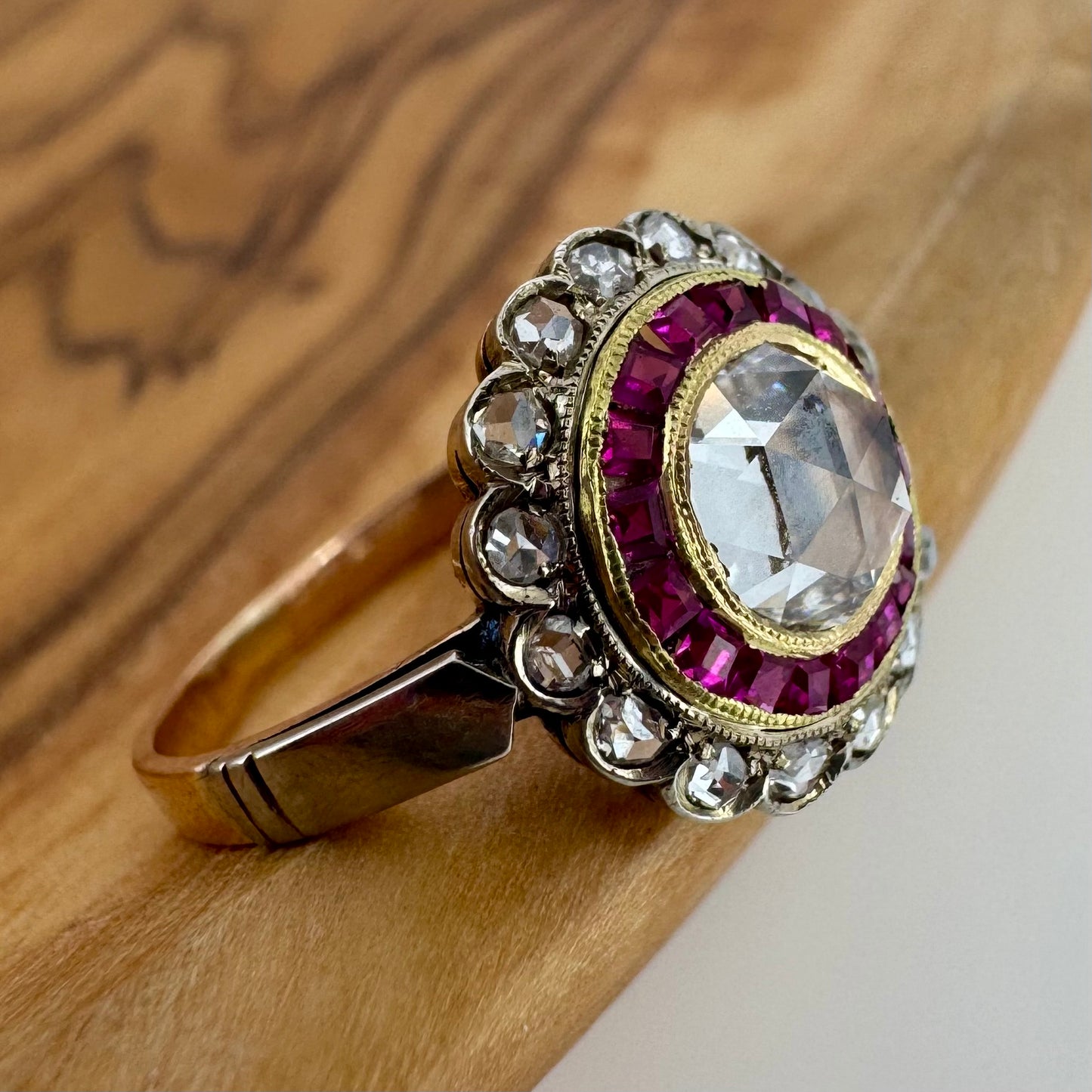 Round Diamond Ring with Ruby and Diamond Halo - Art Deco