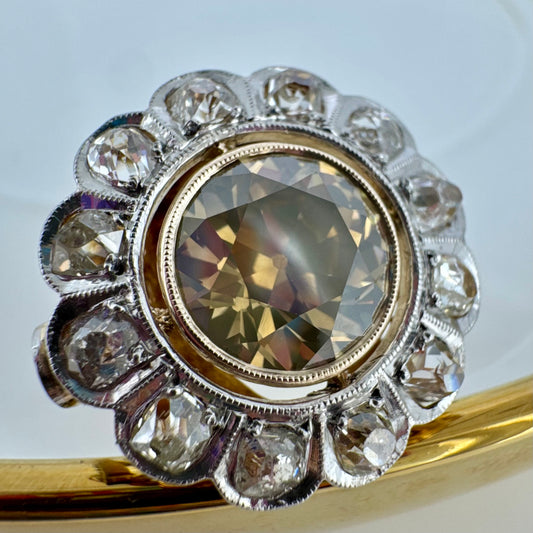 3.50ct Fancy Brown-Yellow European Cut Diamond Ring - Edwardian Era