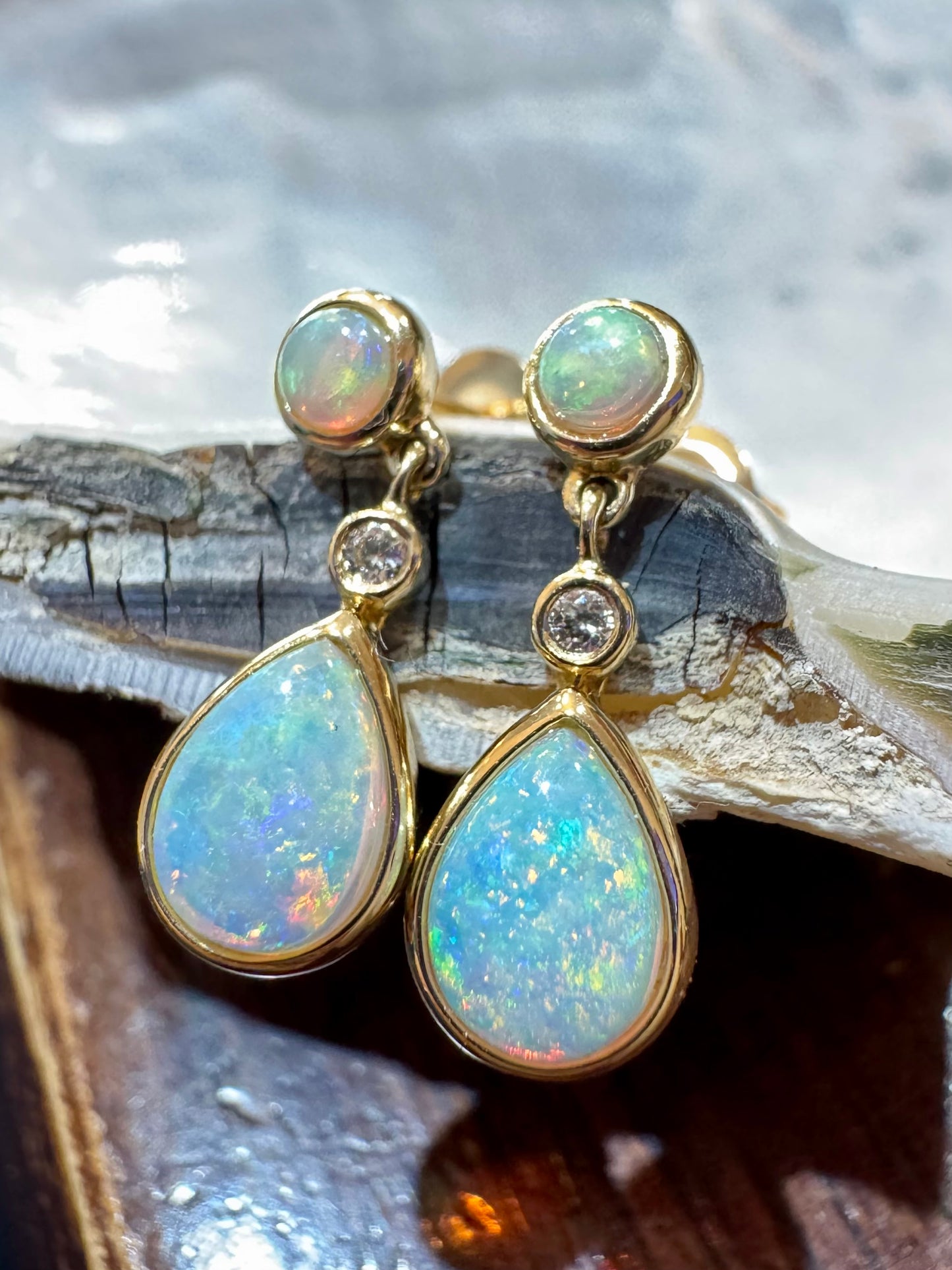 Bezel-Set Opal and Diamond Drop Earrings - 14K Yellow Gold