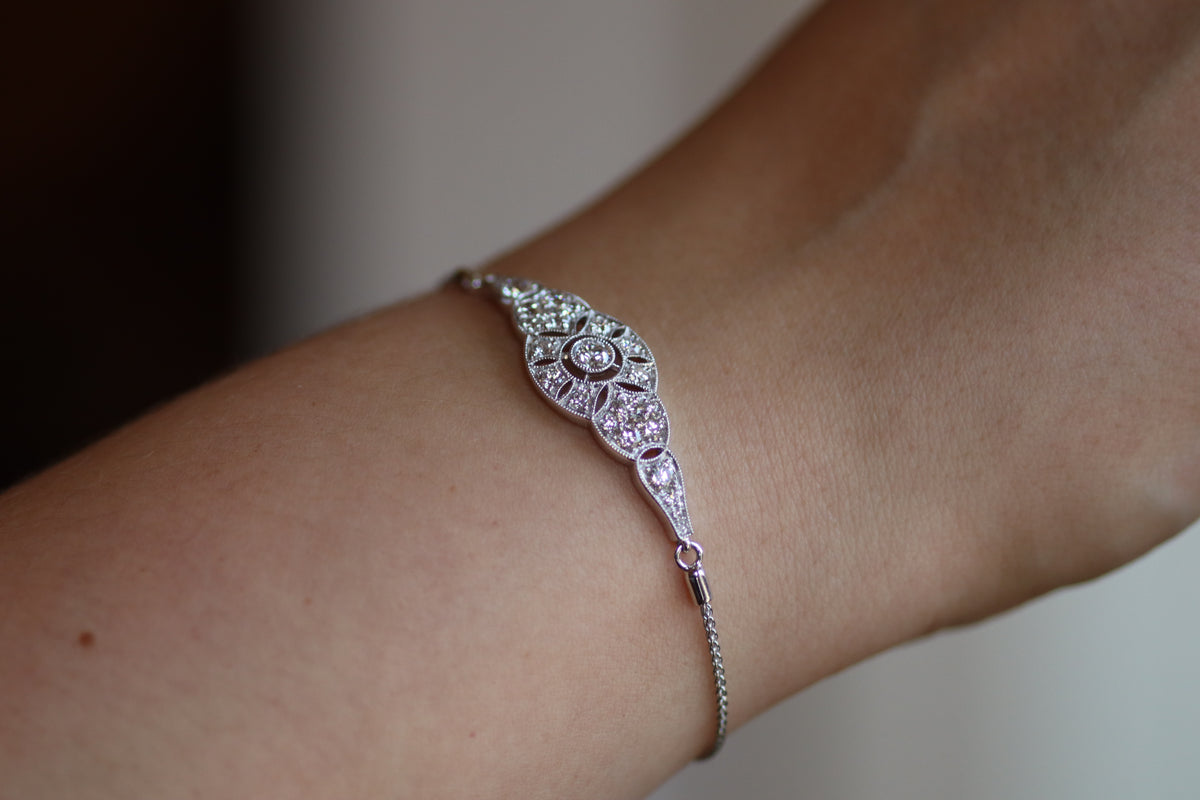 Art Deco Inspired Diamond Bolo Bracelet - 14K White Gold