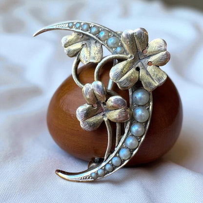 Crescent Moon Seed Pearl Brooch - 14K Yellow Gold