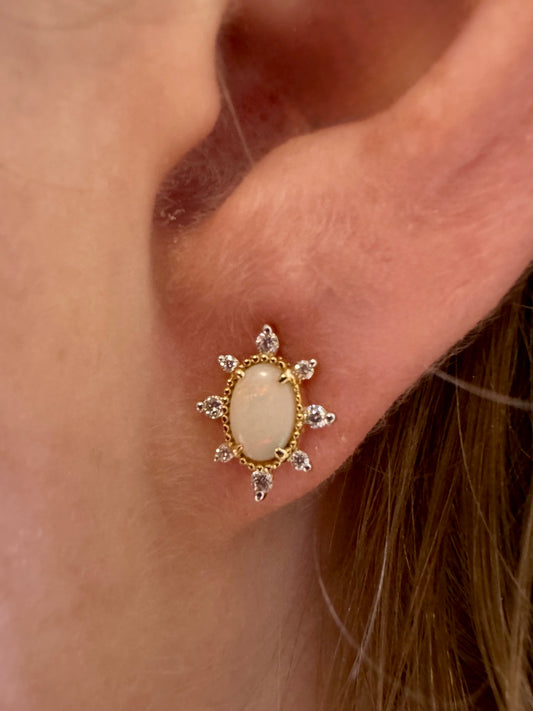 Opal and Diamond Halo Earrings - 14K Yellow Gold