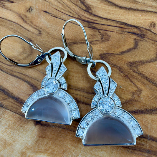 Moonstone and Diamond Drop Earrings - Art Deco