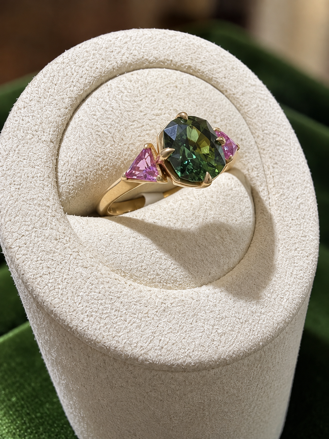 'Theia' - Green Montana Sapphire and Pink Sapphire Ring - Traditional Whimsey