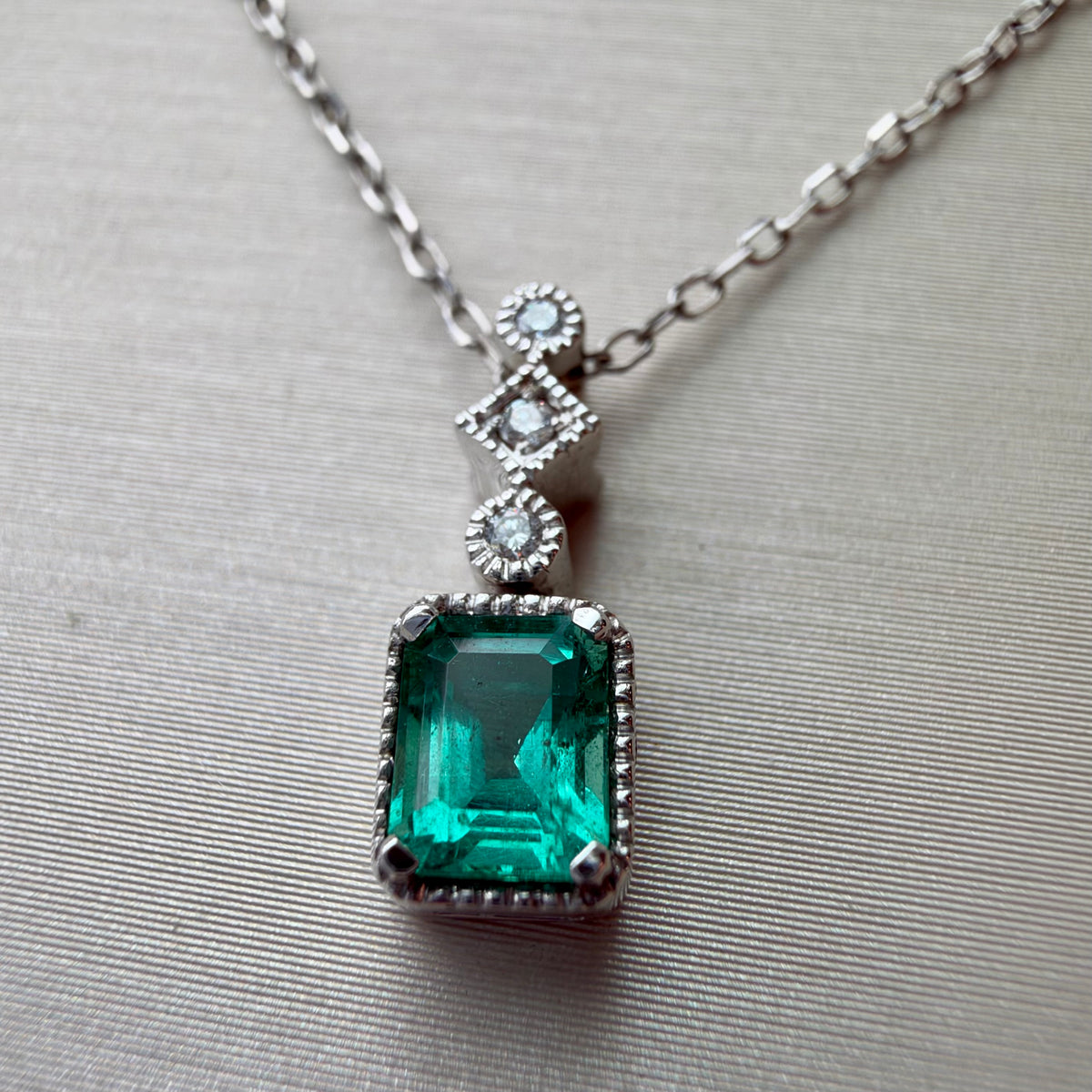 Geometric Emerald Necklace - 14K White Gold