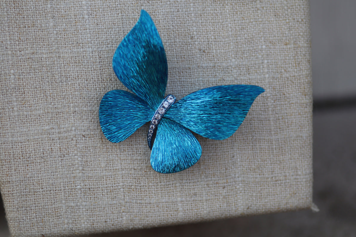 White Sapphire Butterfly Brooch - Blue Titanium
