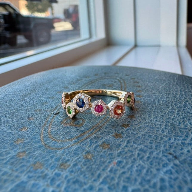 Diamond and Rainbow Gemstone Flower Ring