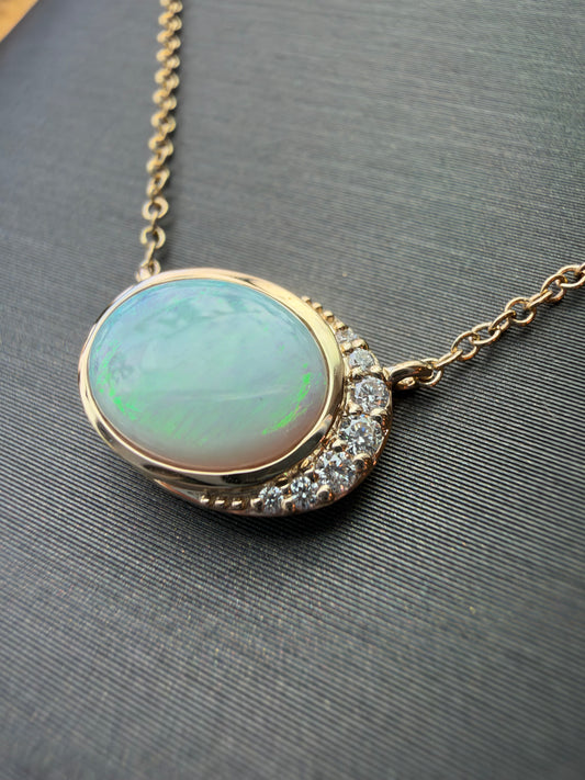East/West Oval Opal Necklace - 14K Yellow Gold