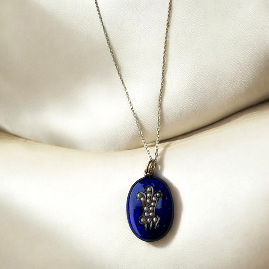 Antique Seed Pearl & Blue Enamel Locket pendant