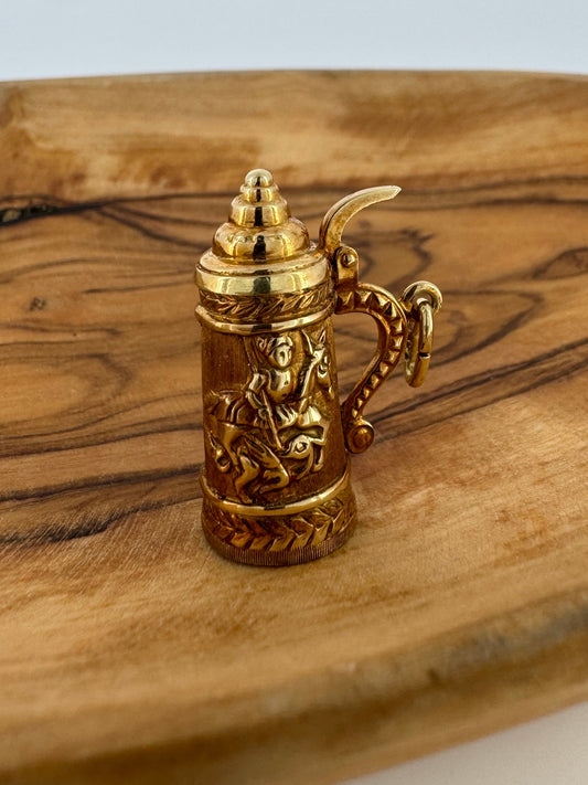 Beer Stein Charm w/ Functioning Lid - 16K Yellow Gold