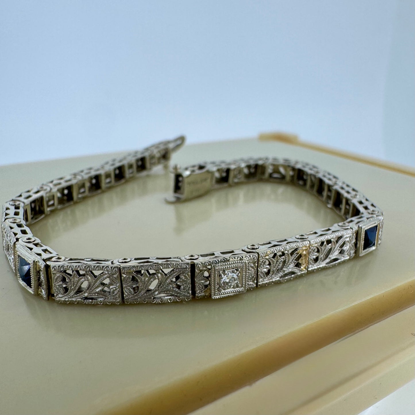 Diamond and Lab Sapphire Filigree Bracelet - Art Deco