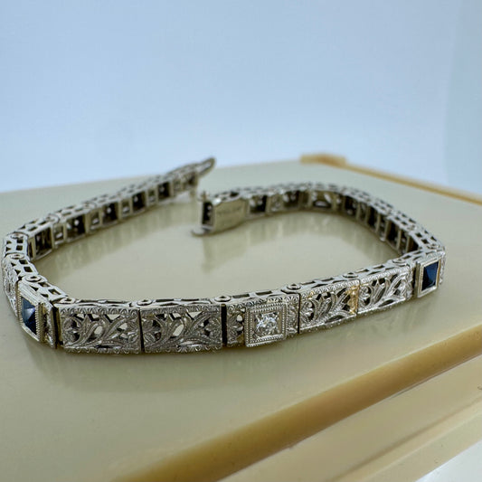 Diamond and Lab Sapphire Filigree Bracelet - Art Deco