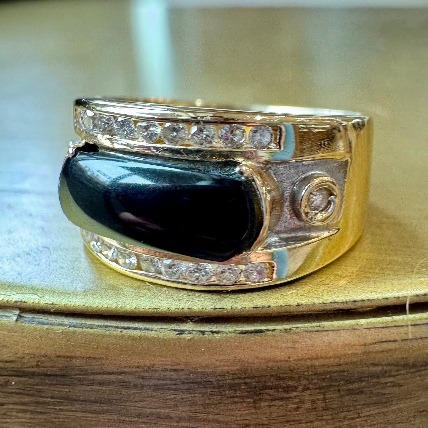 Wide Black Onyx and Diamond Band - 14K Yellow Gold