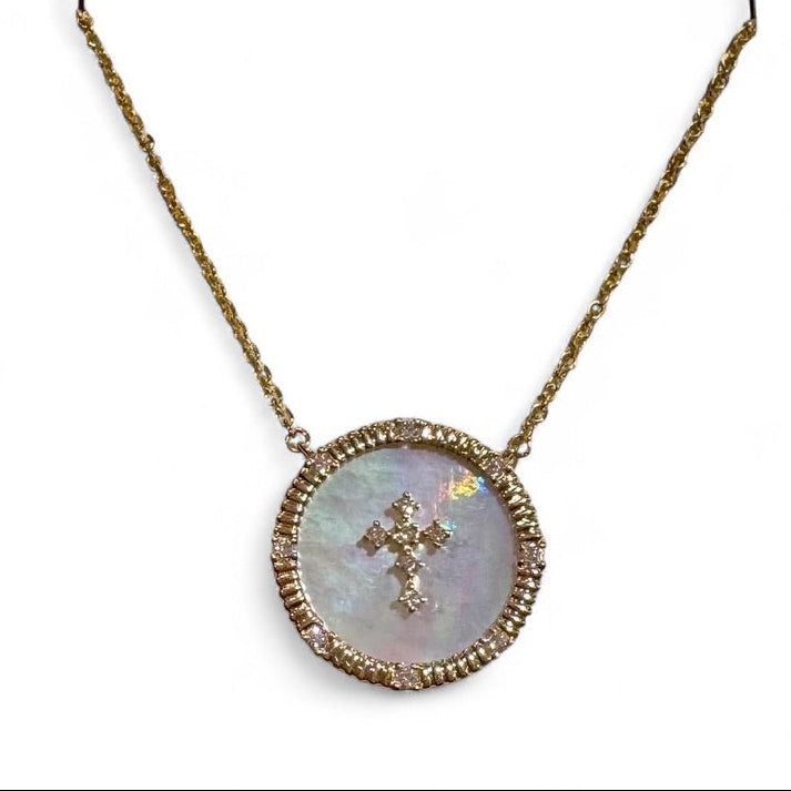 Diamond and Mother of Pearl Cross Necklace