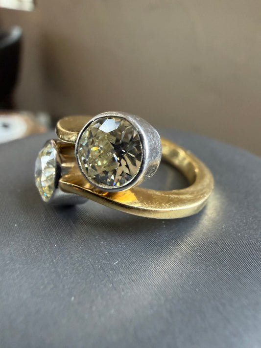 European Cut Diamond Toi et Moi Ring - 18K Yellow Gold and Platinum