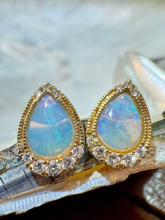 Vintage-Inspired Opal and Diamond Stud Earrings - 14K Yellow Gold