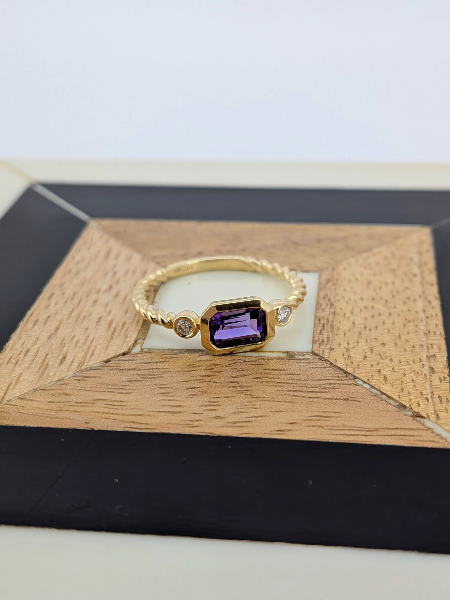 Bezel-Set Three Stone Diamond and Amethyst Ring - 14K Yellow Gold