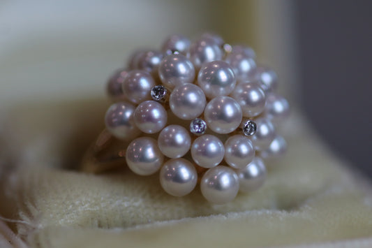 Pearl and Diamond Cluster Ring - 14K Yellow Gold