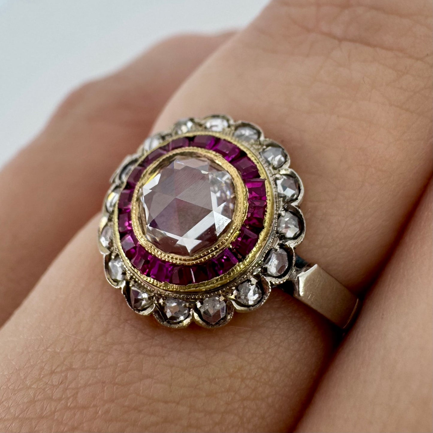Round Diamond Ring with Ruby and Diamond Halo - Art Deco