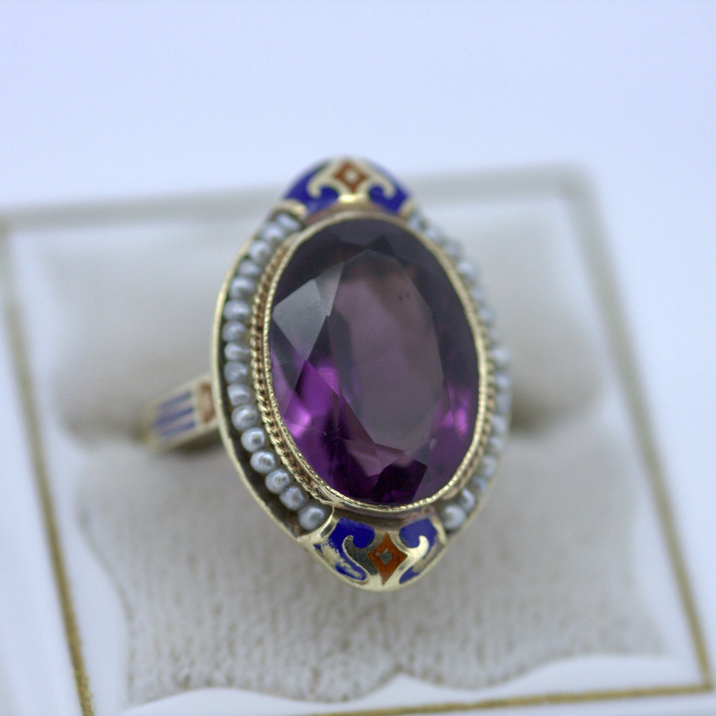 Amethyst and Seed Pearl Enameled Ring - Art Deco