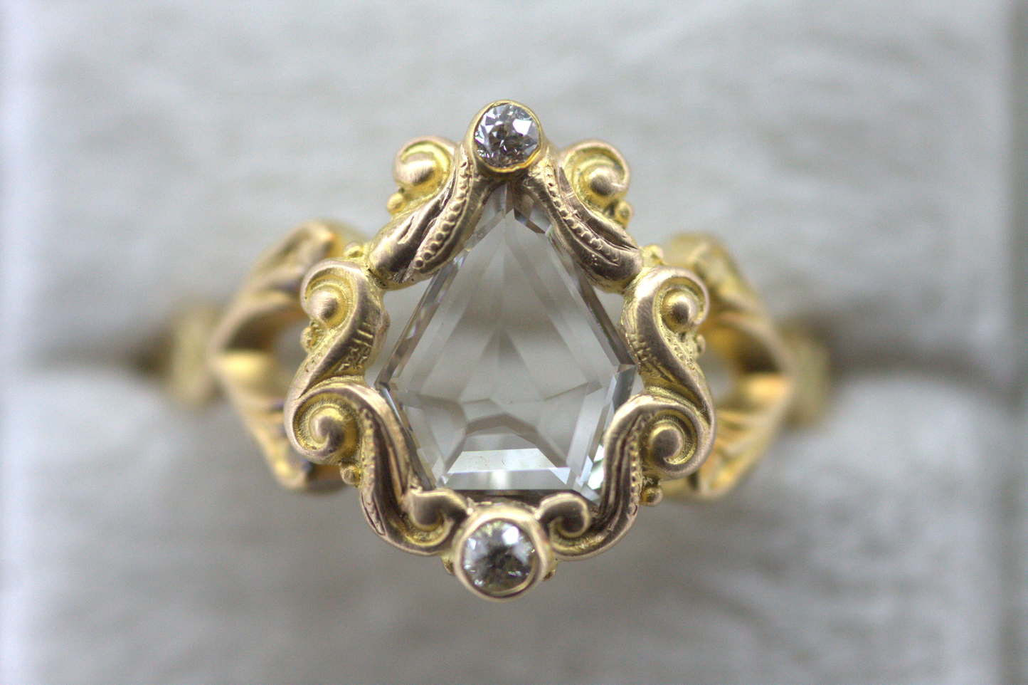 18K Yellow Gold Shield Cut Diamond Ring - Art Nouveau Era