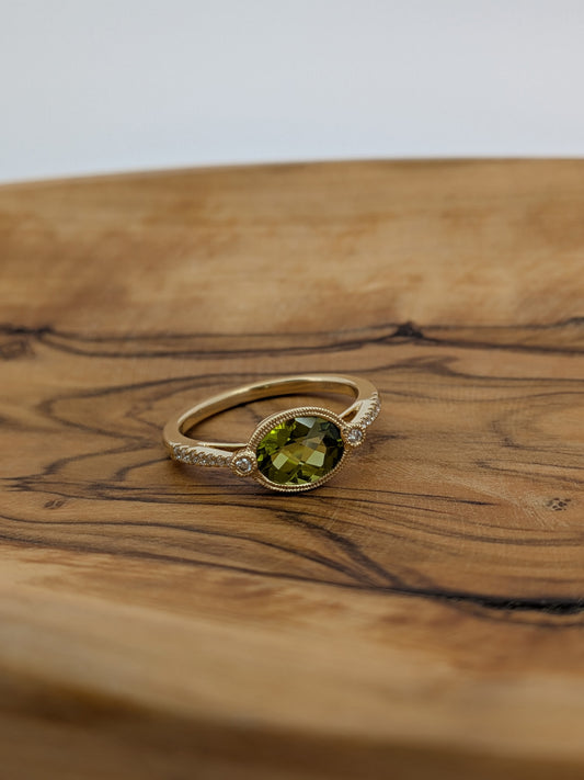Oval Peridot Ring with Diamond Accents - 14K Yellow Gold