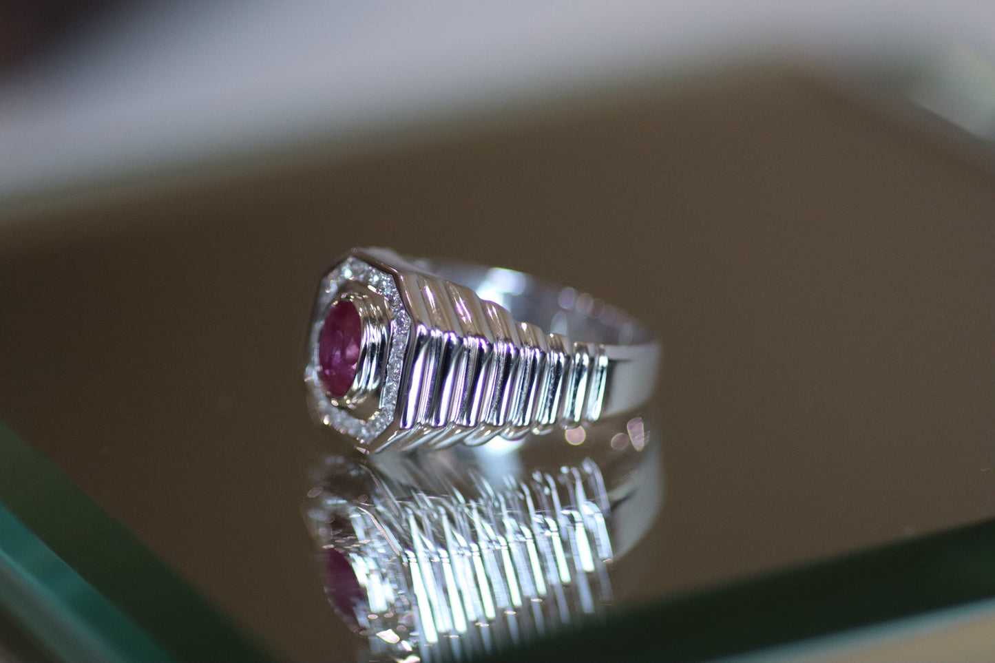 Oval Ruby Men’s Ring - 14K White Gold