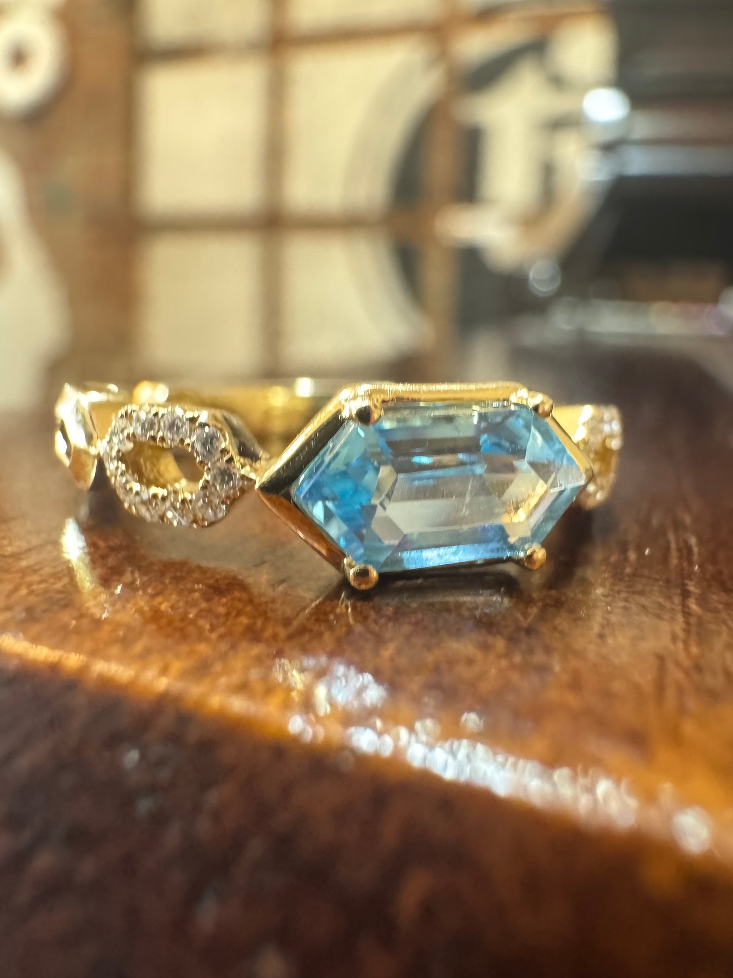 Elongated Hexagon Blue Topaz Ring - 14K Yellow Gold