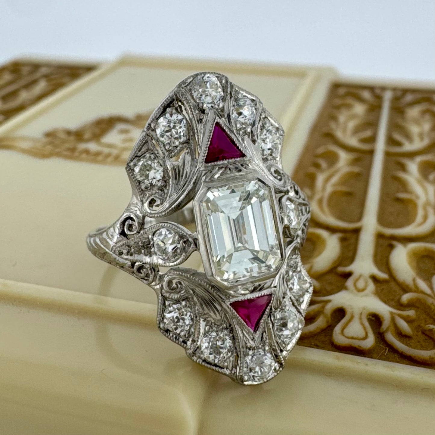 1.11ct Emerald Cut and Created Ruby Dinner Ring - Art Deco Era