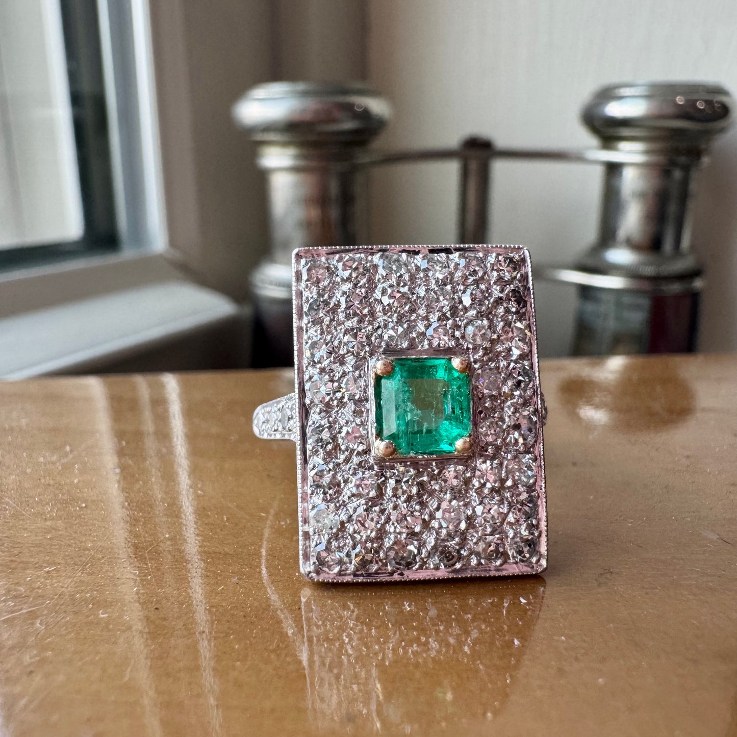 Art Deco Platinum Ring with Cushion Cut Emerald & European Cut Diamonds