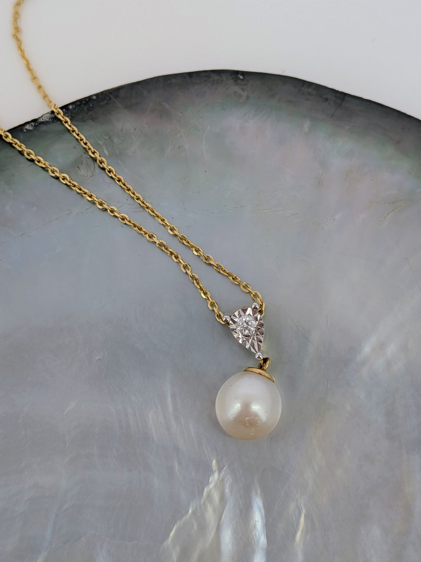 Pearl and Illusion Diamond Drop Pendant - 14K Yellow Gold