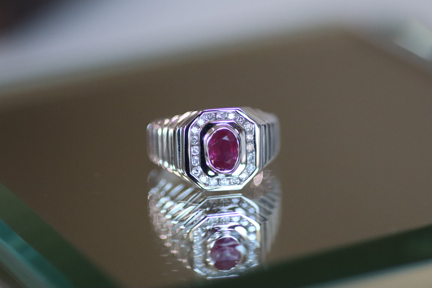 Oval Ruby Men’s Ring - 14K White Gold