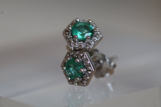 Hexagon-Shaped Stud Earrings with Emeralds and Diamonds - 14K White Gold