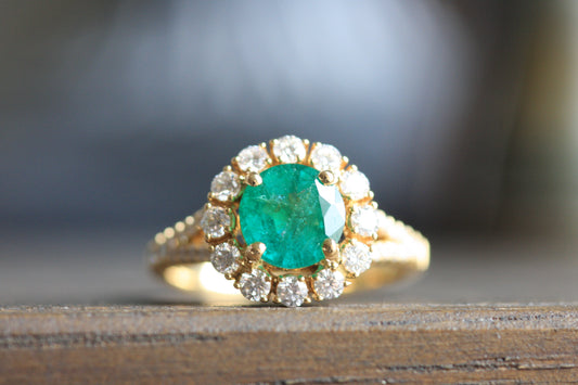 Accented Emerald Halo Ring - 18K Yellow Gold