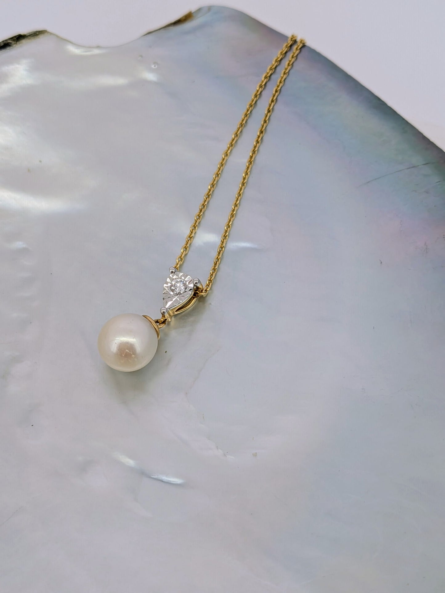 Pearl and Illusion Diamond Drop Pendant - 14K Yellow Gold
