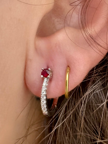 Ruby and Diamond Hoop Earrings - 14K White Gold