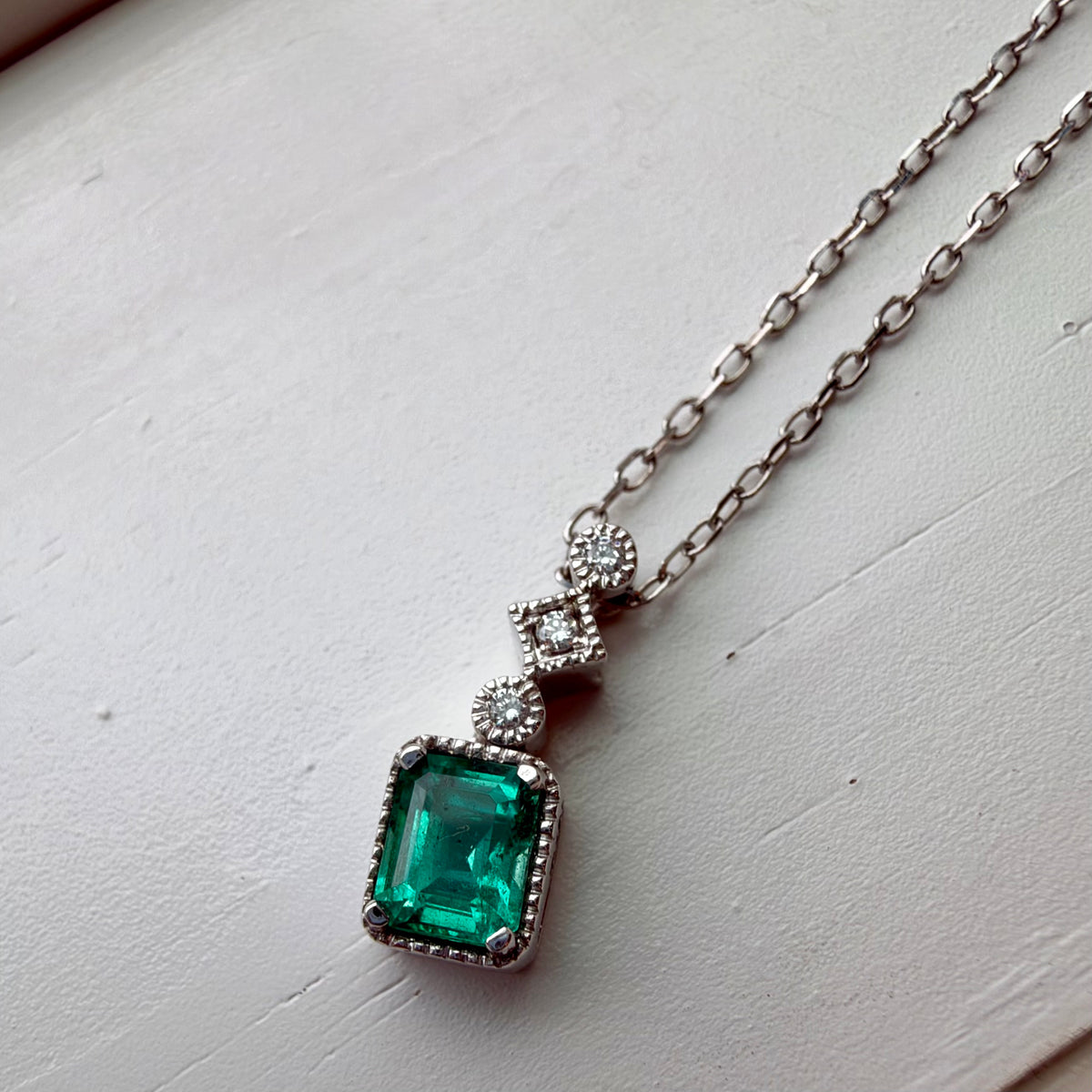 Geometric Emerald Necklace - 14K White Gold