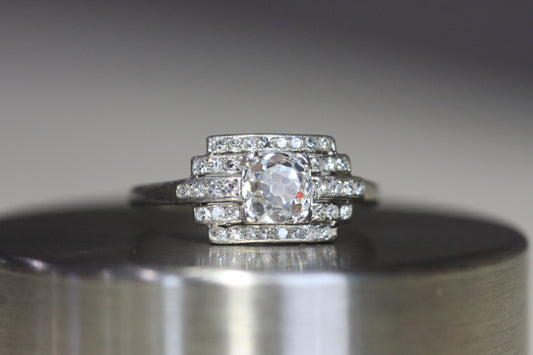 Geometric Cushion Cut Diamond Ring - Art Deco Era
