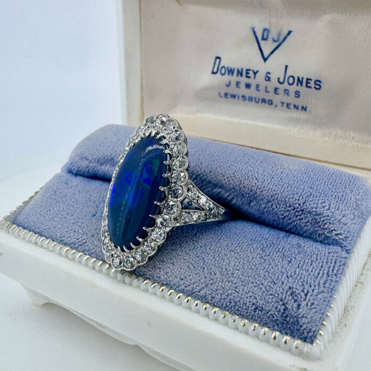 Oval Black Opal and Diamond Ring - Art Deco Era