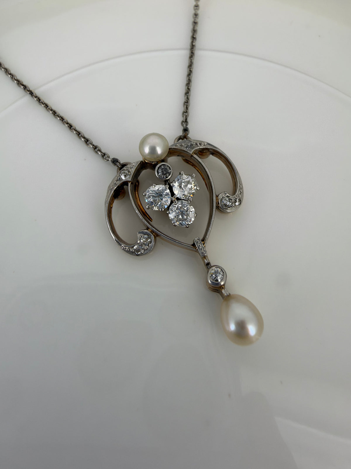 Mine-Cut Diamond and Pearl Necklace - Edwardian Era