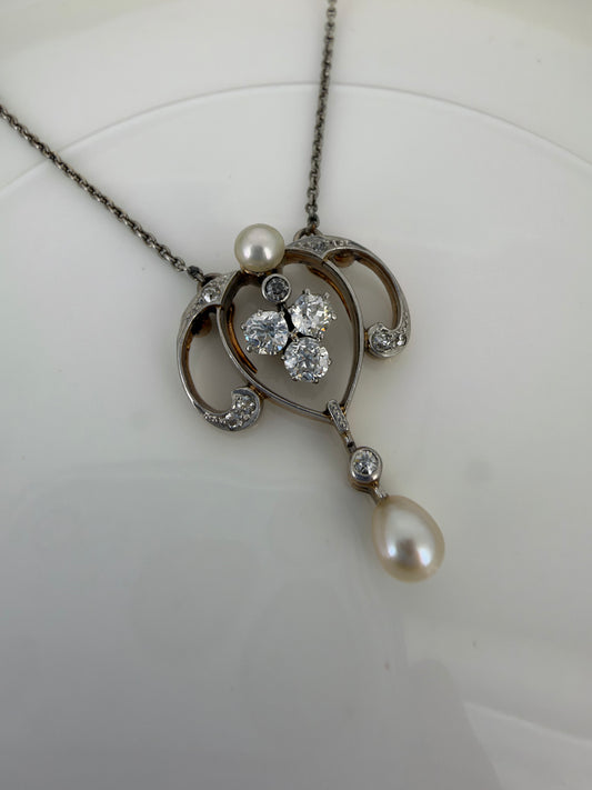 Mine-Cut Diamond and Pearl Necklace - Edwardian Era