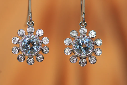 Aquamarine Flower Earrings - 14K White Gold