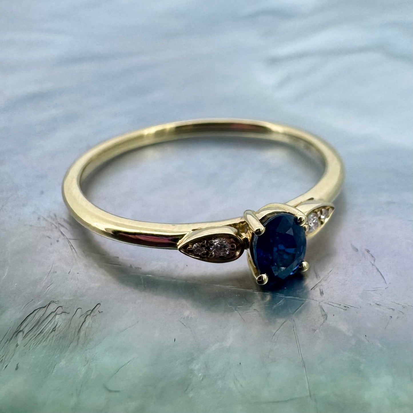 Dainty Oval Sapphire and Diamond Ring - 14K Yellow Gold