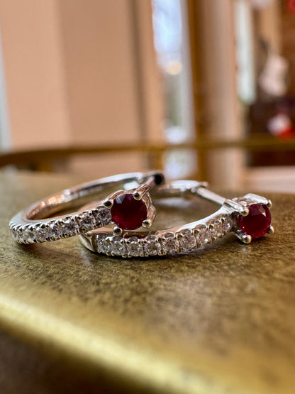 Ruby and Diamond Hoop Earrings - 14K White Gold