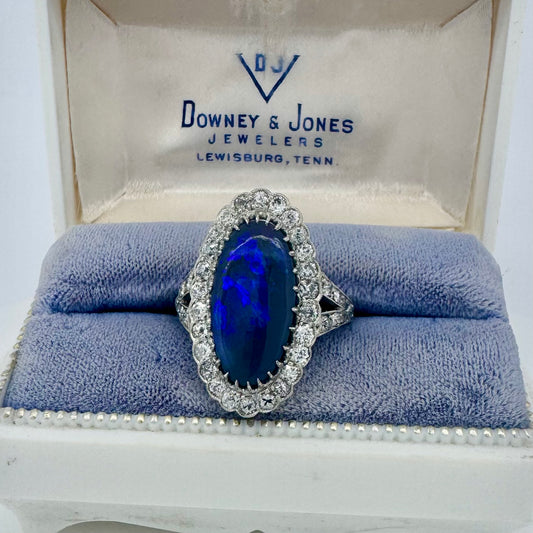 Oval Black Opal and Diamond Ring - Art Deco Era