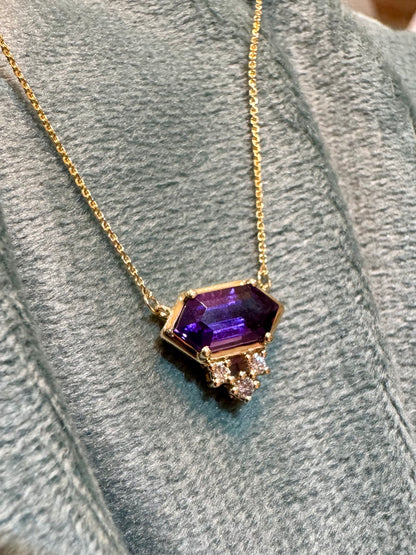 Hexagon Amethyst Necklace with Diamond Accents - 14K Yellow Gold