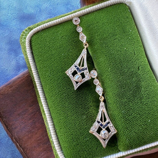 18K Diamond and Sapphire Earrings - Art Deco
