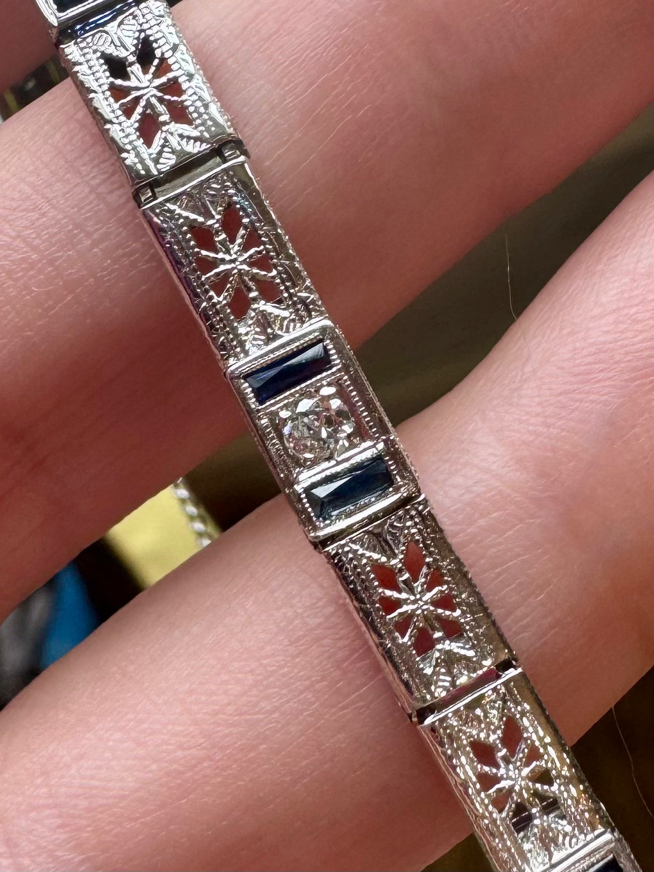 14K White Gold Sapphire and Diamond Filigree Bracelet - Art Deco